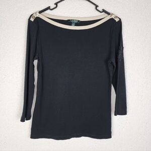 LAUREN RALPH LAUREN Boatneck Black Top w/ Cream Trim & Button Detail M